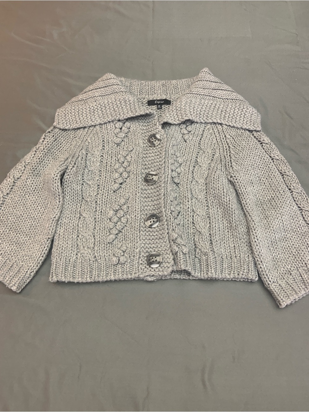 Express Woman’s Knit Button-Up Cardigan in Light Gray